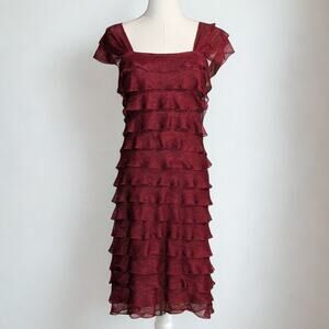 Vintage Y2K Burgundy Tiered Ruffle Dress Cap Sleeve Cocktail Party Whimsigoth
